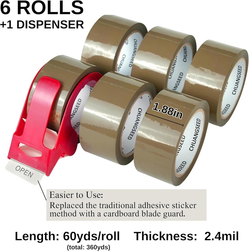 CHUANGSEED Packing Tape with Dispenser – 6 Rolls Brown Shipping Tape (2.4Mil x 1.88” x 60 Yards), Heavy Duty Box Sealing Tape for Moving, Packaging, Office, Warehouse - Image 4